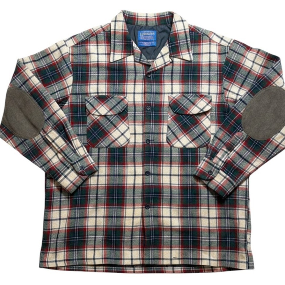 Vintage Pendleton Mens L Plaid 100% Virgin Wool Lined Shirt Jacket Elbow Patches
